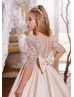 Elbow Sleeves Beaded Champagne Lace Satin Flower Girl Dress